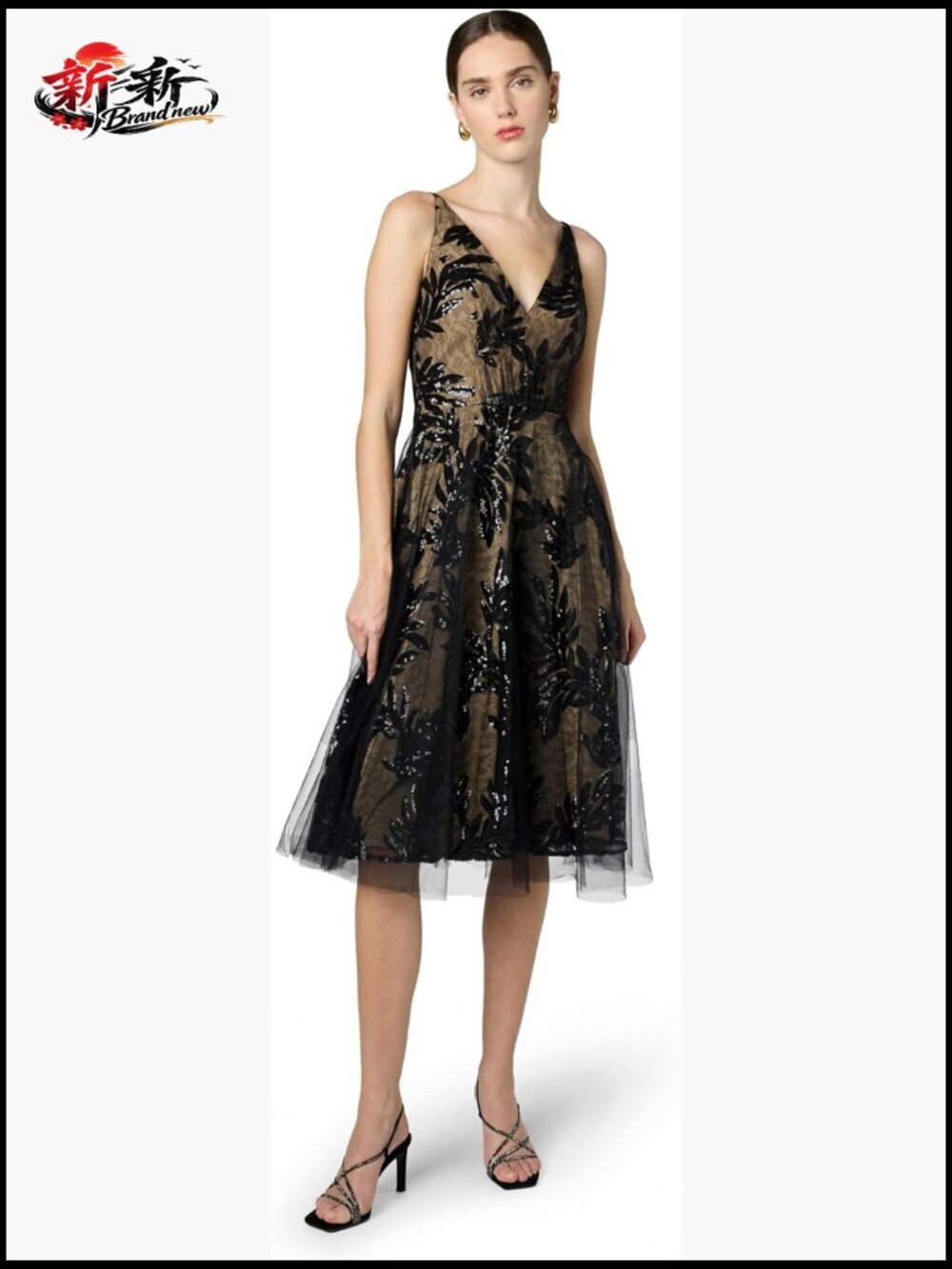 Sleeveless V-Neck Sequin Overlay Midi Dress
